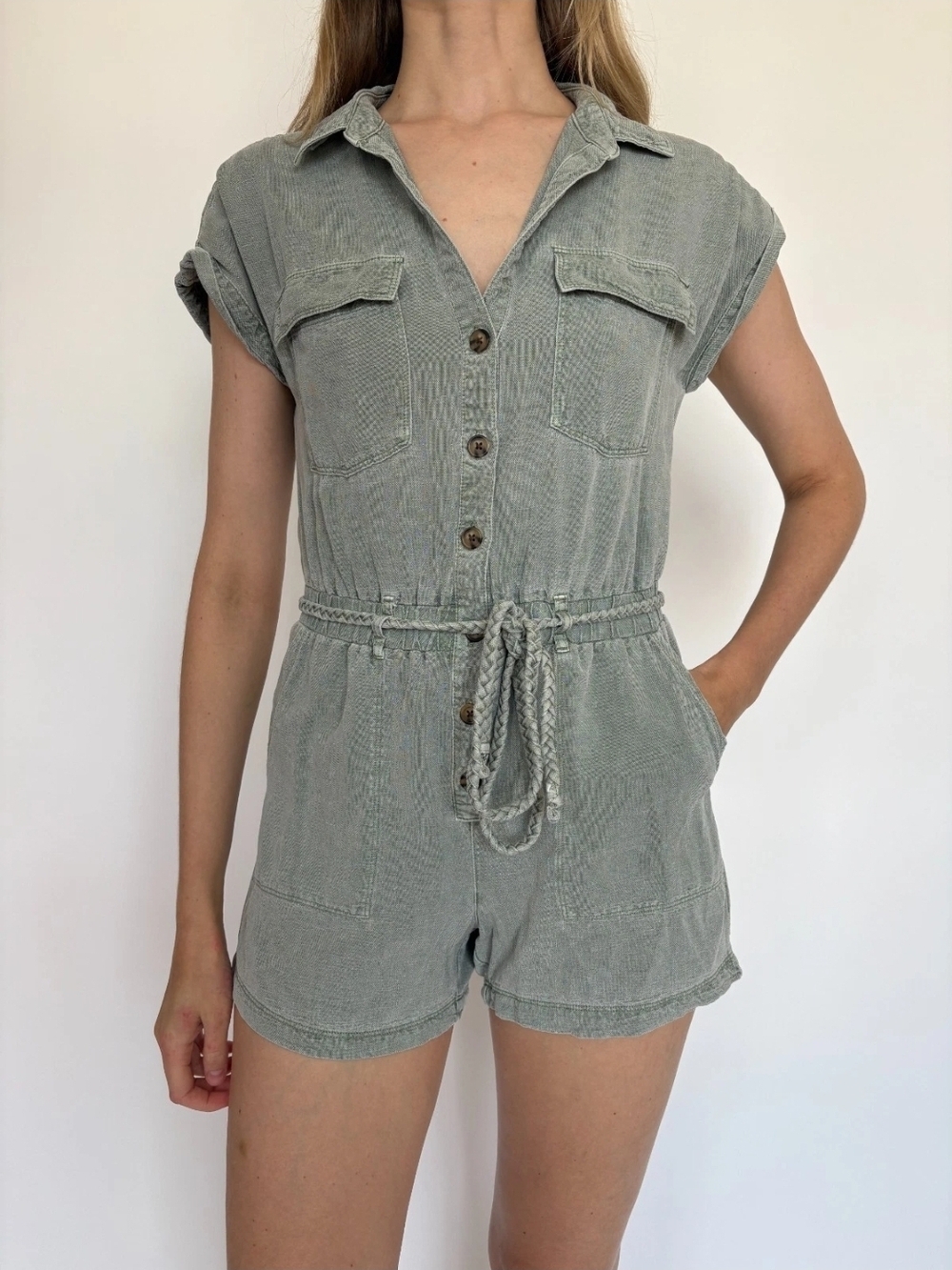 Romper Nicole Miller New York Utility – Sage Green Button-Front Shorts Jumpsuit